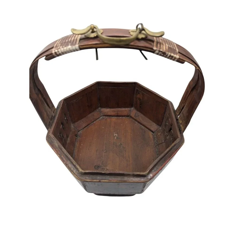 Antique Chinese Bamboo Wedding Basket Box Laquer Finsh Brass Handle